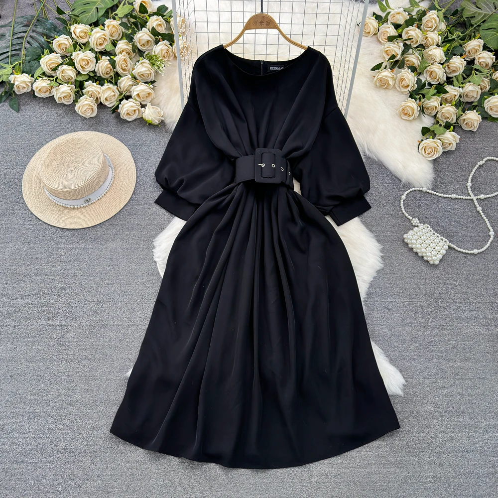 

VANOVICH Luxury Belt Lantern Sleeve O-neck Waist Slim Long A-line Dress Women Fashion Korean Style Black Spring New Casual Dress