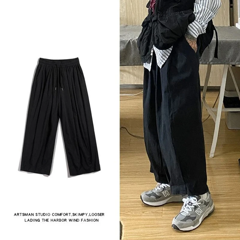 Spring Summer New Solid Color Fashion Elastic Waist Wide Leg Trousers Women High Street Casual Pockets Patchwork Straight Pants