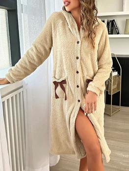 Women Gown Robe Buttons Bow Pockets Winter Warm Flannel Hooded Bathrobe for Hotel Spa Party Kimono Robe