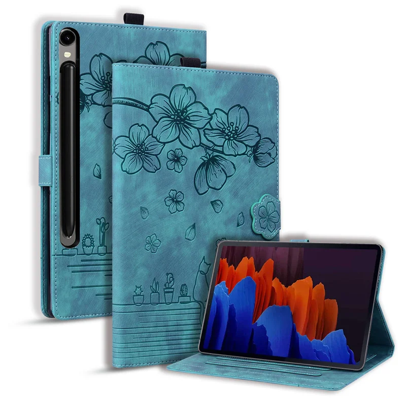 Embossed Flowers PU Leather Wallet Flip Stand Cover with Cat Pattern