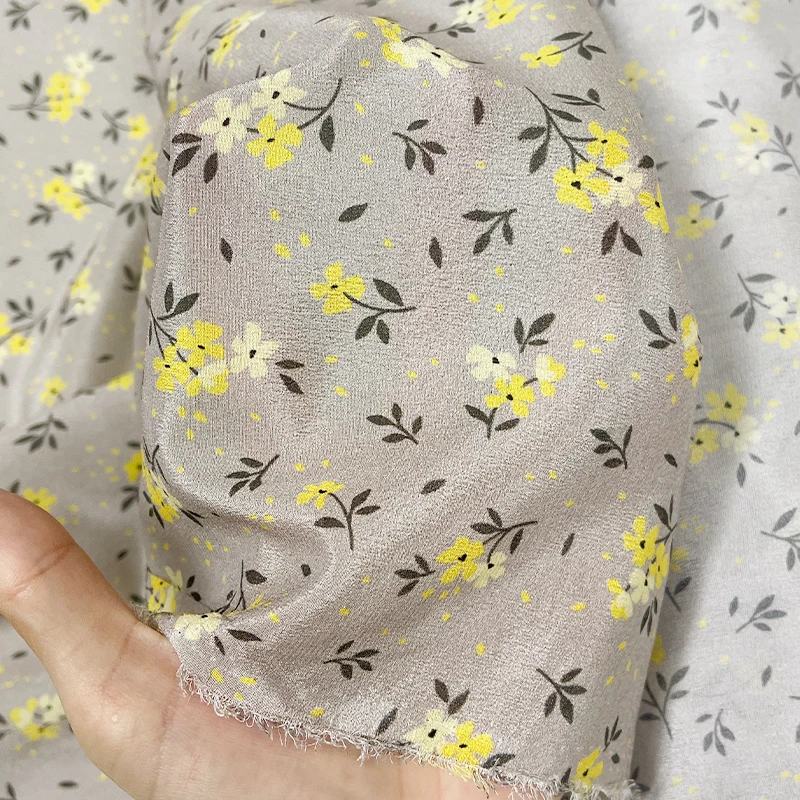 Redraspberry 138cm 72g Crepe de chine in rice  grey  small  yellow flower fabrics clothes Garment sewing materials Free shipping