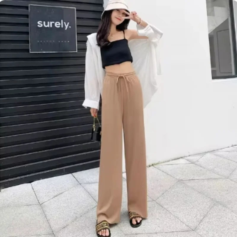 Popular ice silk threaded wide-leg pants for women summer thin high-waist draped new straight casual sun protection pants