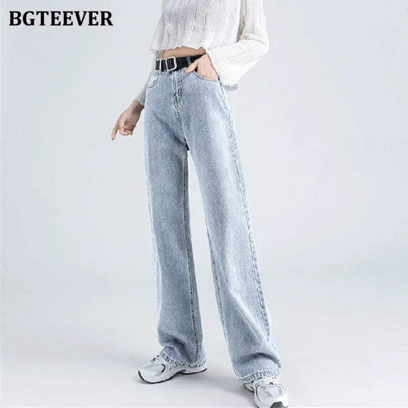 BGTEEVER Casual Spring Women Long Jeans Trousers High Waist Pockets Loose Female Wide Leg Denim Pants Ladies Floor-Length Pants 5