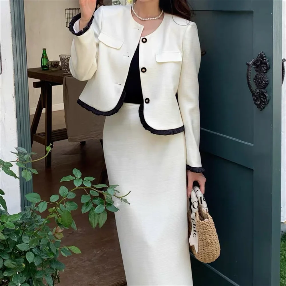 

2023 Spring New Two Pieces Suits Women Elegant Slim-Fit Coats Office Wear Long Skirts Sets High Street OL Gentle Chic Lady
