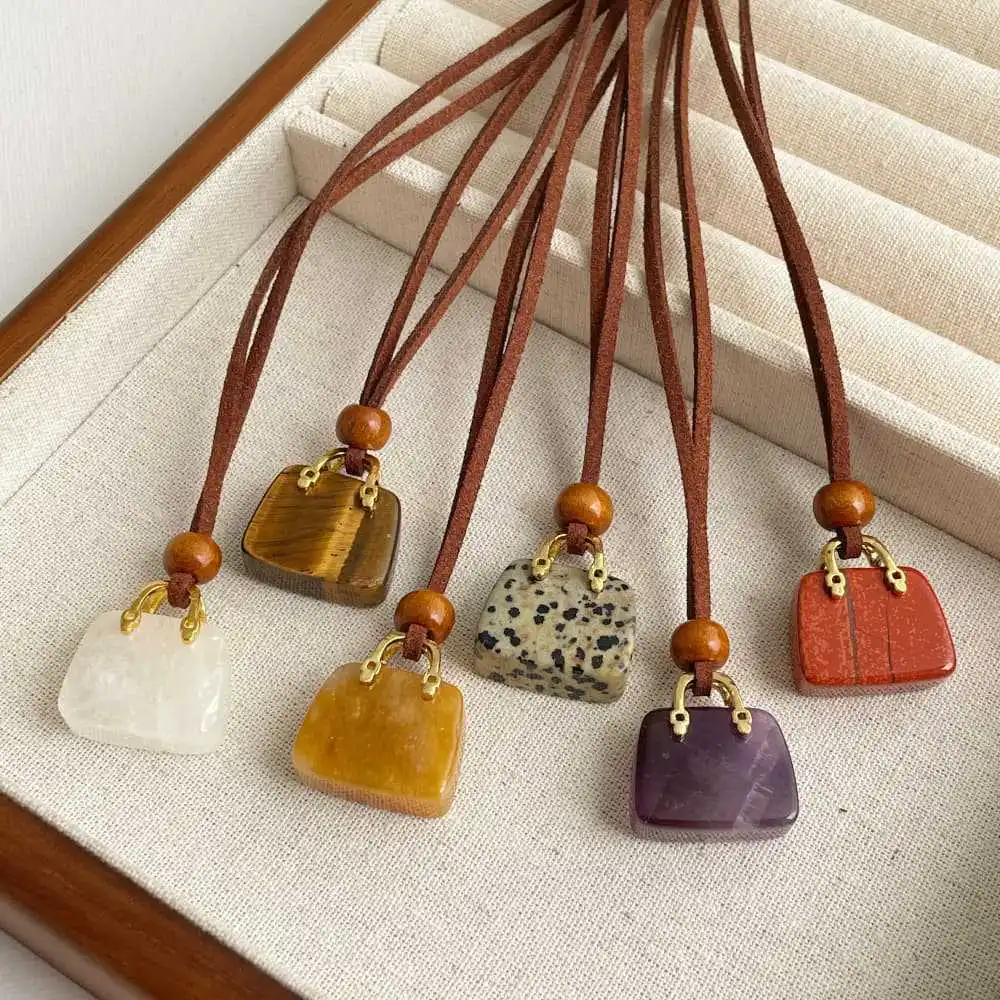 Vintage Natural Stone Bag Pendant Long Necklace for Women Girls Autumn Winter Sweater Chain Fashion Accessories Party Jewelry