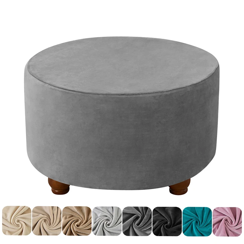 

Elastic Velvet Round Ottoman Covers All-inclusive Solid Color Footstool Slipcovers Bedroom Spandex Stretch Footrest Stool Covers