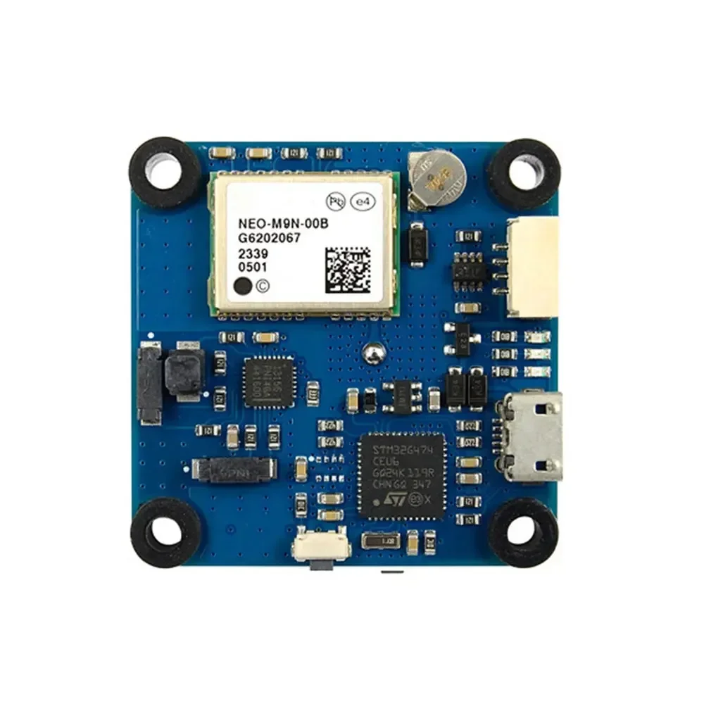 Gros plan sur le module GNSS M9N et la boussole RM3100, avec interface CAN pour drone.