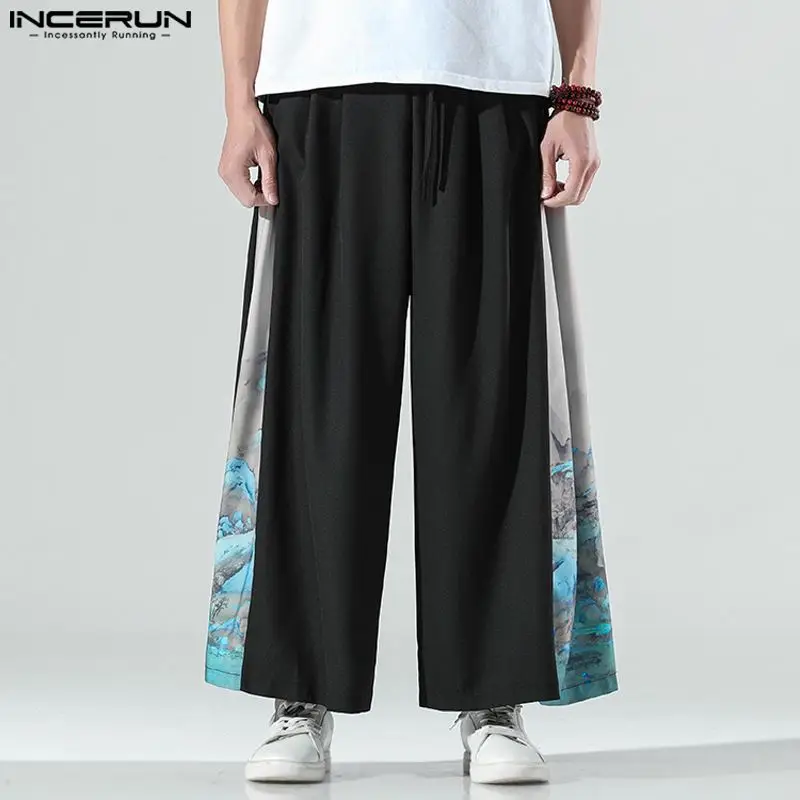 INCERUN 2023 Chinese Style New Men's Pants Retro Stitching Wash Painting Pattern Trousers Casual Street Wide Leg Pantalons S-5XL