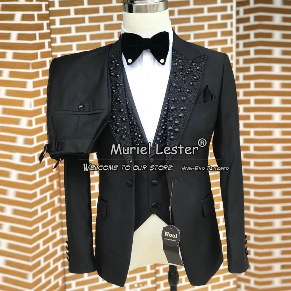 Black Men Suits Fit Slim Luxury Stone Beading Blazer Bespoke Groom Wear Wedding Tuxedos Custom Made 3 Pieces Business Man Dress