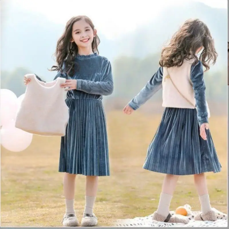 

2021 Spring Autumn New 4-12Years Old Children's Sweet Suits Kids Golden Velvet Princess Vest+Dress +Bags 3 Piece Sets For Girls