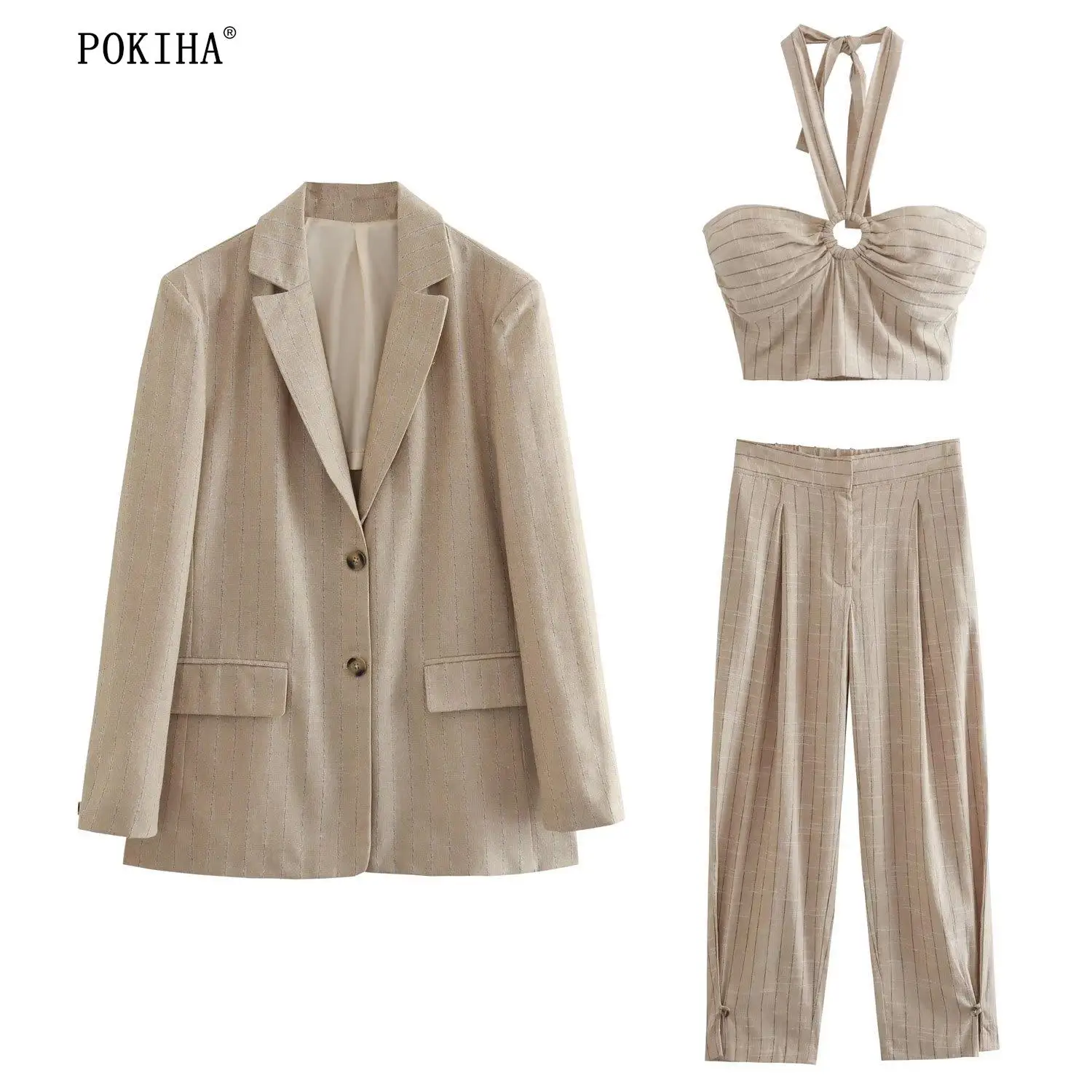 

Pokiha 2023 New Fashion Women Linen Striped Blazer Halter Sexy Crop Tops Backless Pleated Pants Chic Office Lady Two Piece Sets
