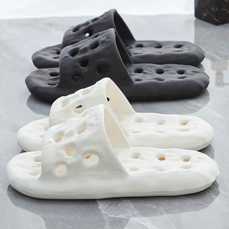 여성용 부드러운 미끄럼 방지 홈 욕실 슬리퍼, 가벼운 플랫폼 치즈 슬라이드, 구멍 뚫린 물 누출 에바 쪼리, 2024 여름 