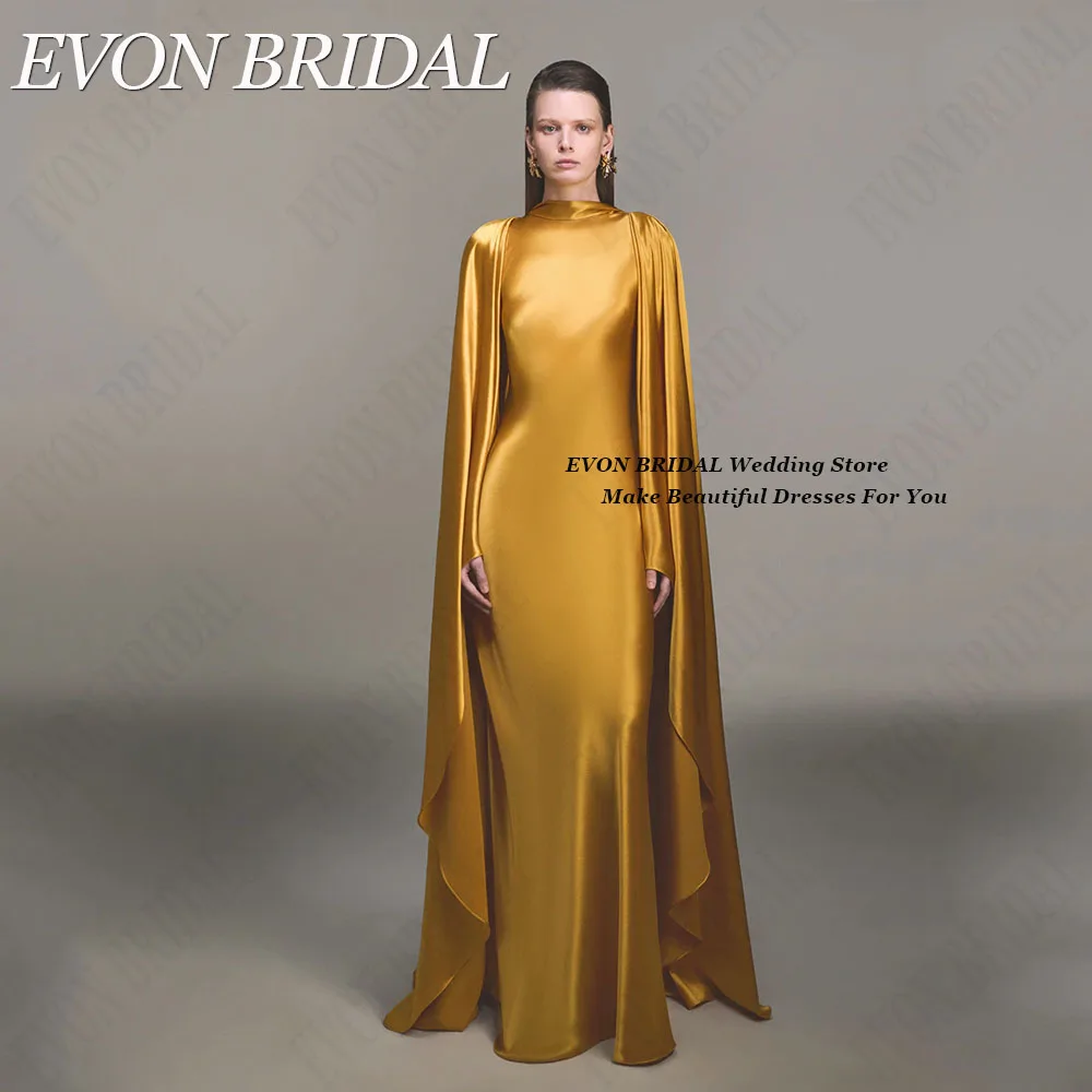 EVON BRIDAL Mermaid Satin Elegant Celebrity Red Carpet Dresses With Cape Saudi Arabia Evening Party Gowns Scoop Floor Length