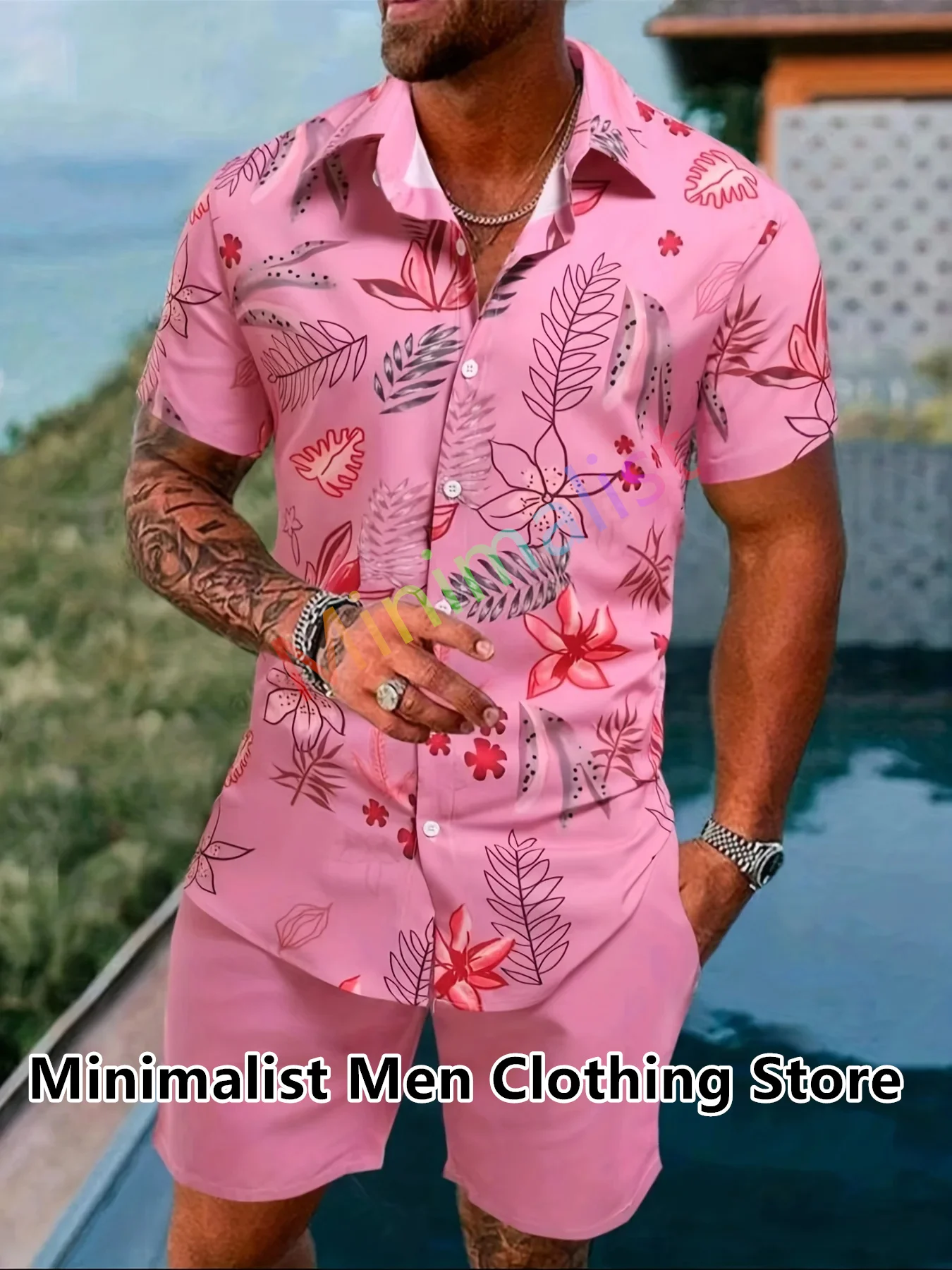 2024 Men's Sportswear 2 Piece Casual Beach Style Polo Shirt Short Sleeve Button Up T-shirt and Shorts Casual Men's Shirt Suit