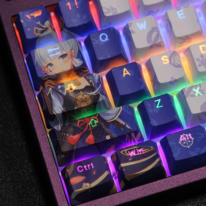 Teclas Conjunto Lados Pbt Tintura Subbed Keycaps Anime dos Desenhos Animados Gaming Keycap Backlit para Genshin Impacto Kamisato Ayaka 108 - Imagem 4