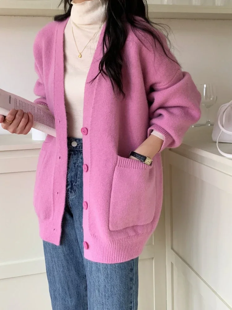 Pink Cardigan Sweater Oversized Cardigan Korean Fashion White Knitted  Sweater Women Elegance Casual Long Sleeve Top Streetwear