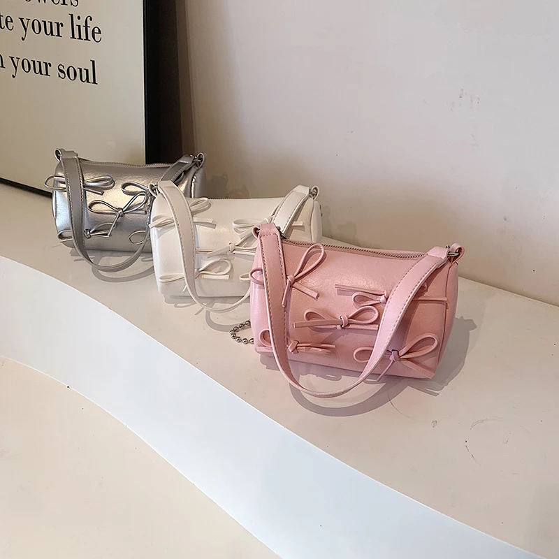 Bow Tie Design Pu Leather Bucket Underarm Bags for Women 2024 New Trend Female Mini Crossbody Bag Chain Shoulder Bag Handbags