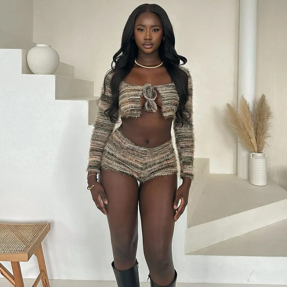 Knit Crochet Piece Pant Set Outfits Women Ladies 2024 Winter