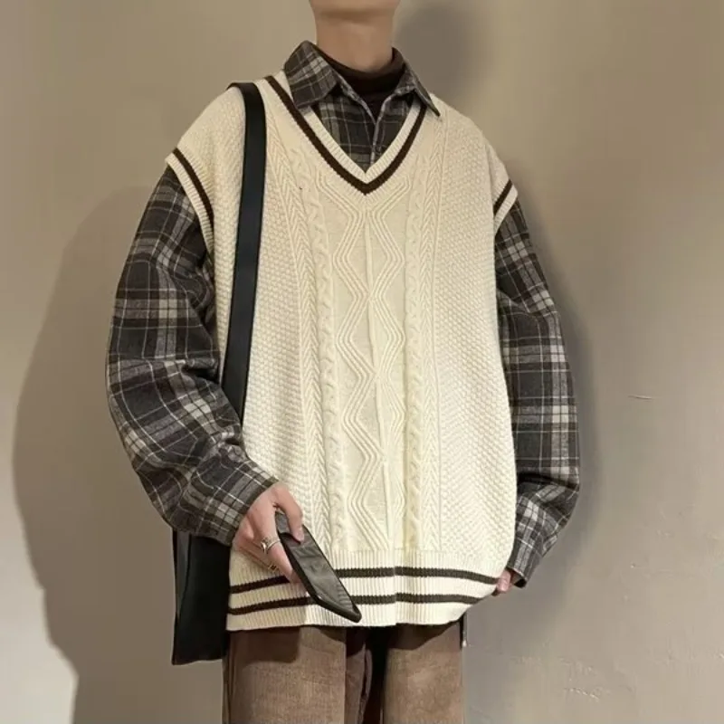 Men Sweater Vests Thickening Autumn Winter V-neck Sleeveless Knitted Tops Warm Ins Loose Striped Casual Male Baggy Korean Style
