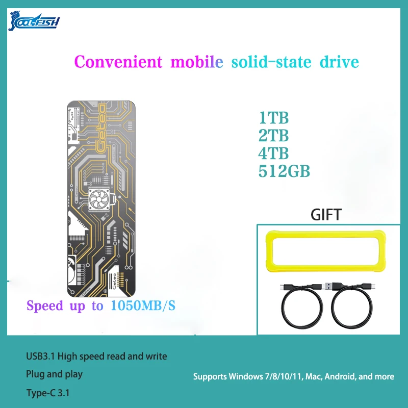 

CoolFish Mobile Solid State Drive NVME Type-C3.1 512G256G1T2T4T USB3.1 Gen2 SSD External Hard Drive For SSD Windows Free Shippin