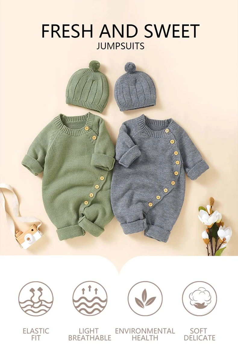 Baby Rompers Clothes Spring Autumn Solid Full Sleeve Knitted Newborn Infant Boys Girls Jumpsuits Hats Outfits Sets 0-18m Costume