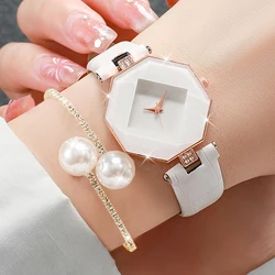 Elegant Women's Analog Quartz Watch and Pearl Bracelet Set - 2 Piece Casual Leather Band (2PCS Set No Box)