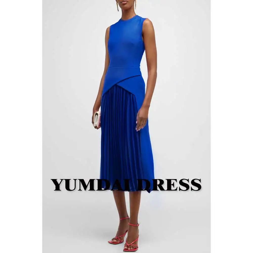 

YUMDAI Blue Sleeveless Knee-length Dress Special Occasion Pleated A-line Skirt Evening Gown Saudi Arabia Smock Dress 2023 Newn