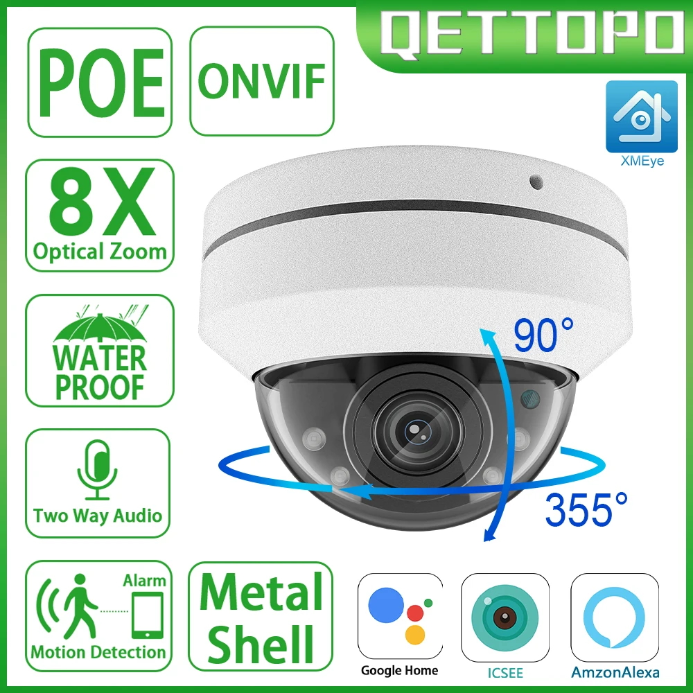 

Qettopo 5MP POE Camera 8X Optical Zoom Metal Outdoor Waterproof WIFI Security Surveillance IP Camera iCsee Onvif
