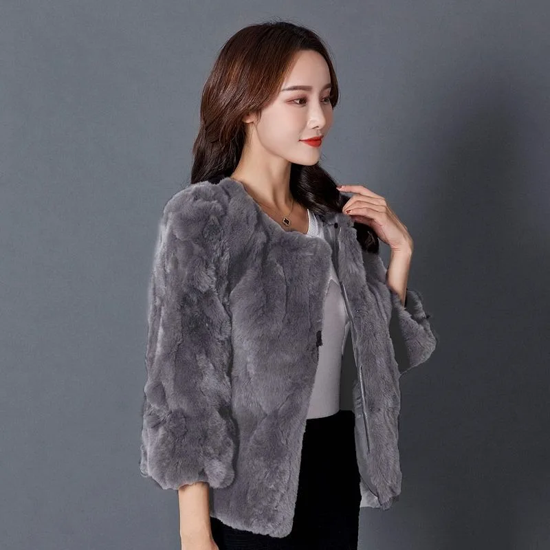 Women's Imitate Rex Rabbit Fur Short Coat, Round Collar, Pure Color Outwear, Casual Fashion, Warm, Autumn, Winter, New, 2024