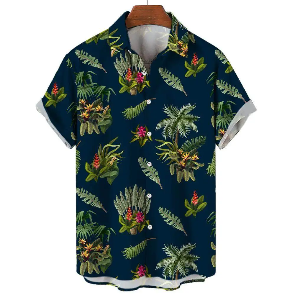 Summer Fashion Men's Short Sleeve Shirt Hawaiian Coconut Tree Print Street Casual Seaside Vacation Oversized Men's Shirt Tops 2