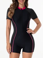 2026 Zipper Slim One Piece Swimsuit Women Padded Short Sleeve Swimwear Female Bather Bathing Swimming Swim Surf Suit Beachwear