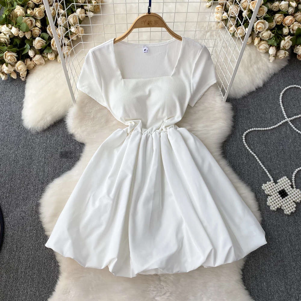 

2023 Summer Korean Style Dress Temperament Square Collar Short Sleeve Skinny A-line Solid Color Simple Women's Mini Vestidos