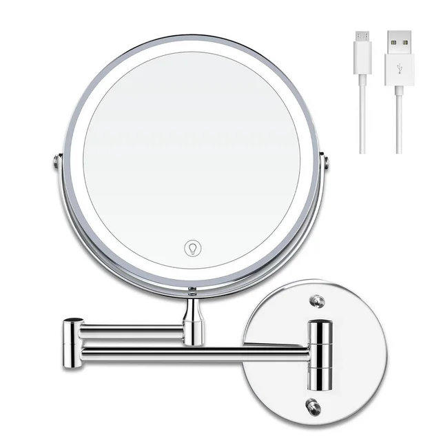 Miroir de douche mural avec chargeur USB de 8 pouces, avec lumières, miroir de maquillage LED grossissant Double face 1X/10X, miroir de vanité 2
