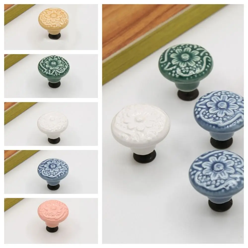 Furniture Knobs Flower Surface Ceramic Knob Vintage Round Pull Handles Door Knob Single Hole Drawer Knobs Dresser