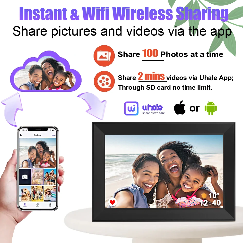 Digital Picture Frame 10.1 Inch 16G WiFi 1280x800 Touch-screen Auto Rotation Photo Sharing Via Uhale APP