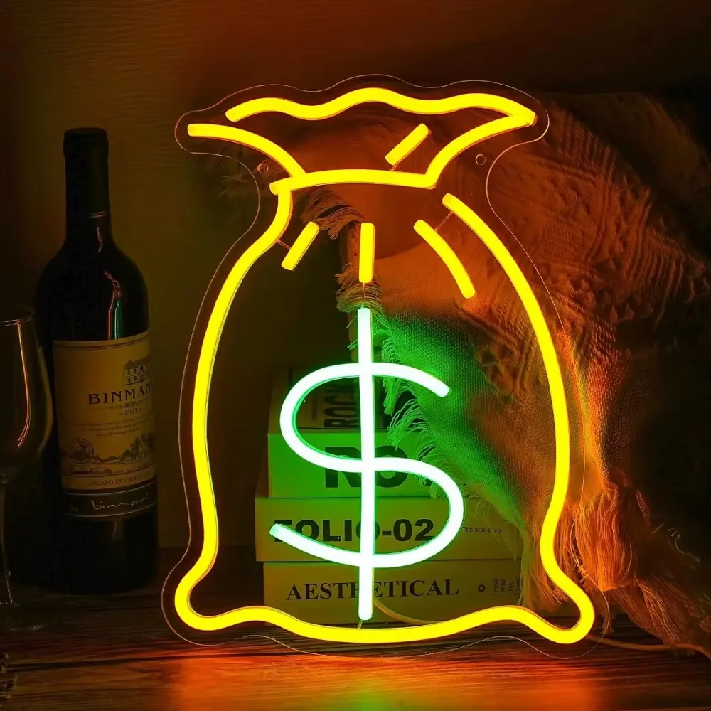 Bag Of Money Neon Sign For Wall Decor Golden LED Neon Light Living Game Room Decor For Bedroom Office Restaurant Bar Shop Party