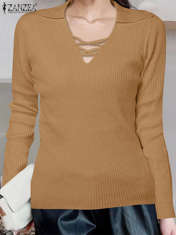 Women Knitted Sweaters Autumn Pullover Solid Tops Long Sleeve V Neck