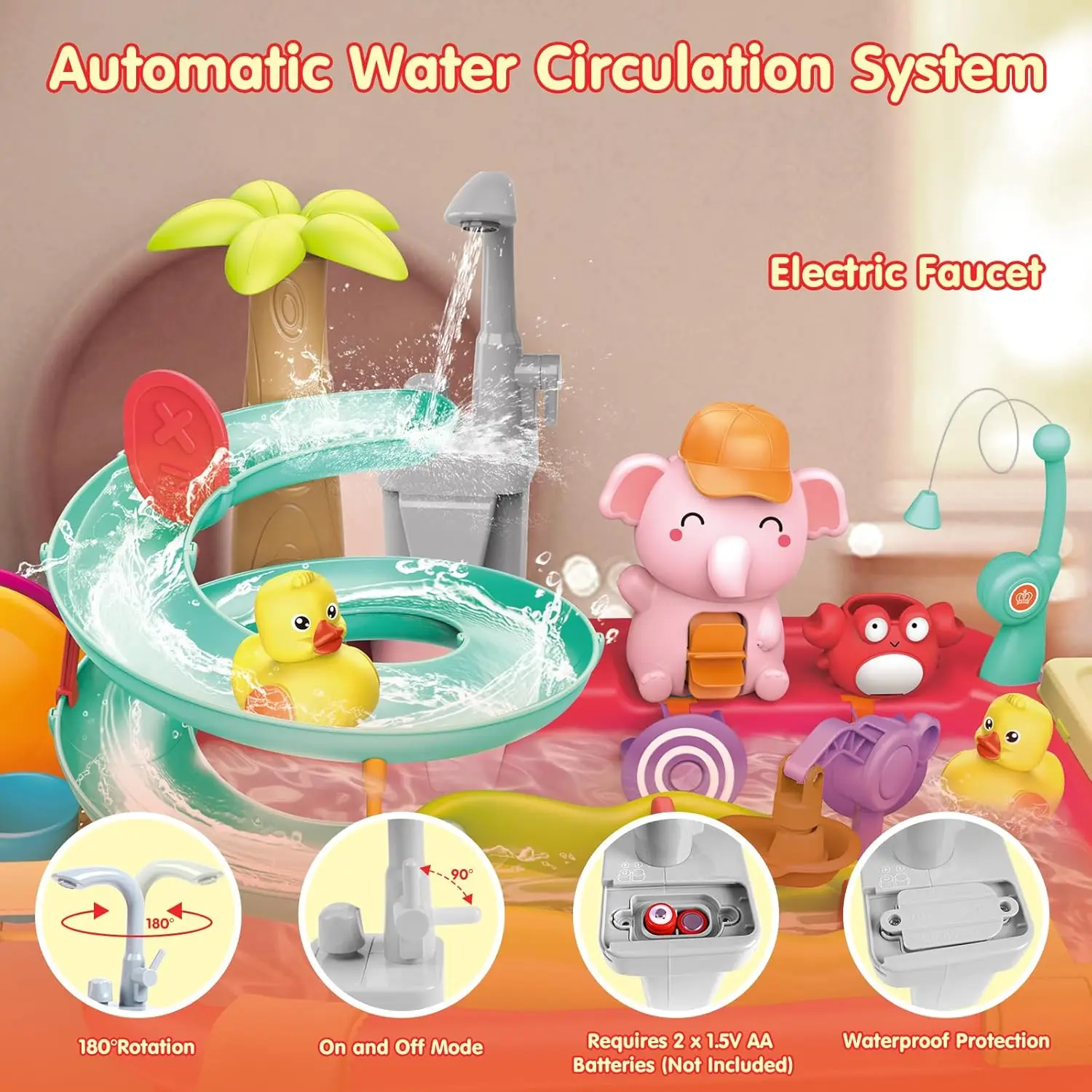 VATOS Kids Play Dishwasher Set Electric Faucet Manual Pump 2 in 1 Running Water Table Kitchen Toy Pool Fishing Game Ages 3+ Girl