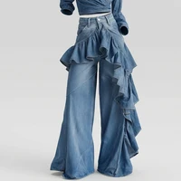Jean en denim taille haute pour femme, coupe large, avec volants asymétriques superposés, style évasé, décontracté Y2K, coupe baggy 2