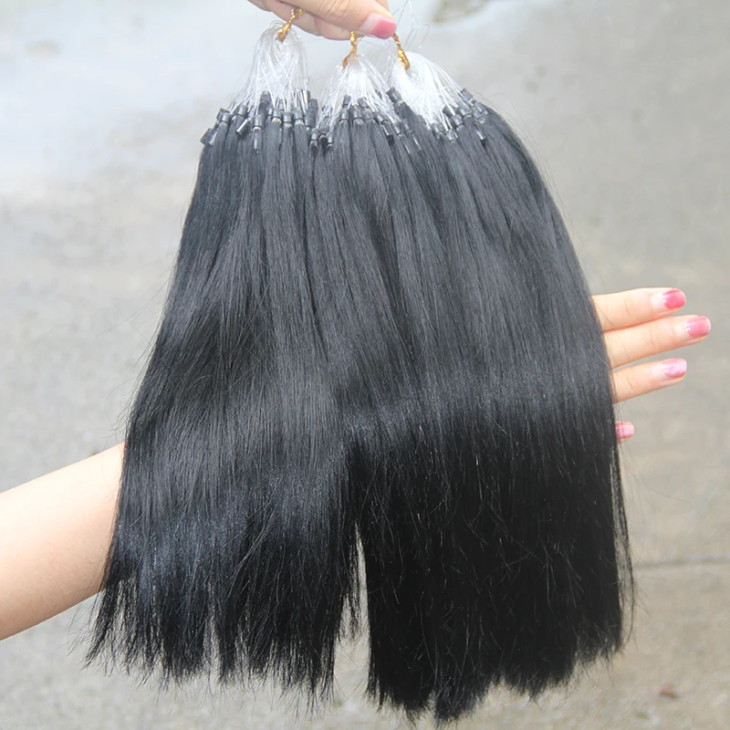 Remy Micro Ring Hair Extensions Straight Micro Loop Hair Extensions #1 jet-black Beads Pre Bonded 16Inch