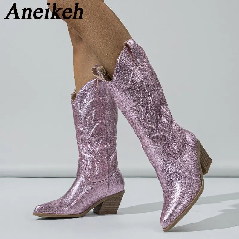 

Aneikeh Fashion Bling Pointed SMid-Calf Boots PU Ethnic Embossed Craft Boots 2024 Women's Anti Slip Thick Heels Spring/Autumn