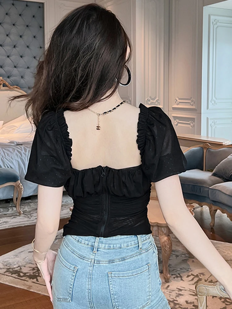 Summer Women T-shirts Korean Style Sexy Black See Through