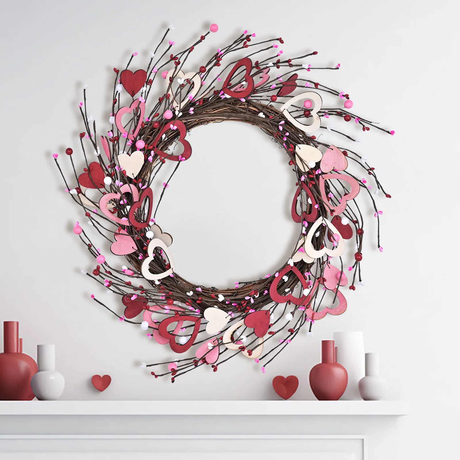 

New Valentine Day Love Wreath Door Hanging Wedding Proposal Party Scene Decorated Heart Wreath above Christmas Decorations