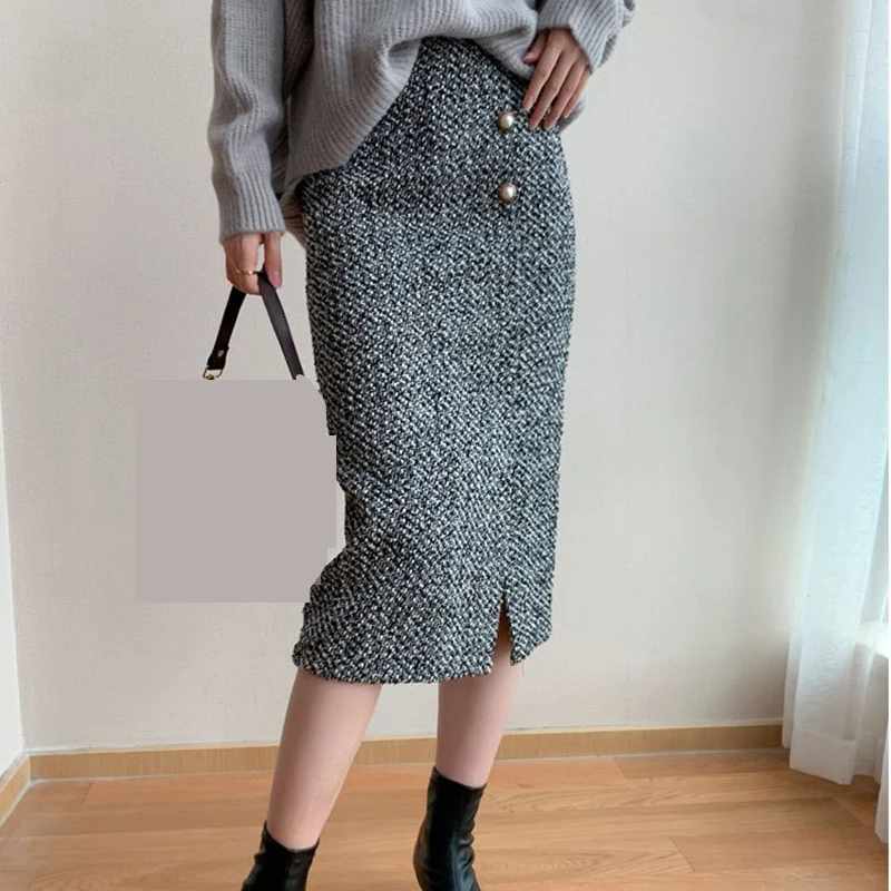 Coarse tweed skirt for women 2022 new style autumn and winter split temperament high waist thin wrap hip a-line skirt 2022 summer new women s clothing simulation silk lace up waist short sleeved top wide leg pants suit temperament two piece suit