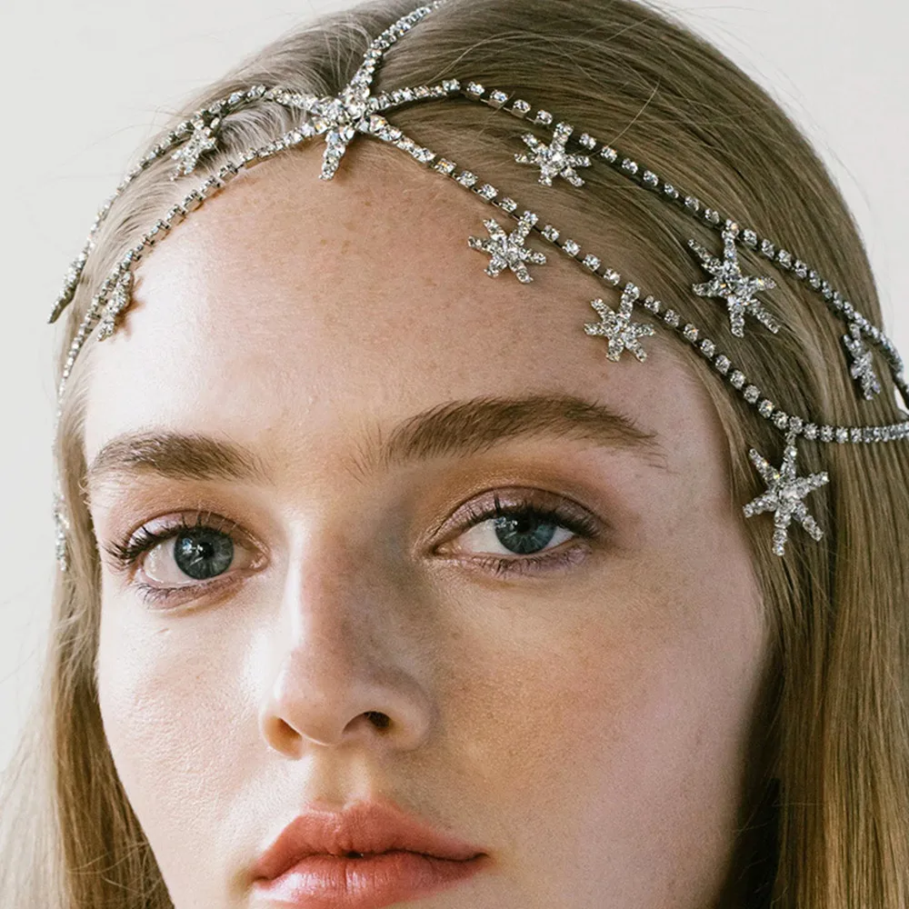 Novelly Crystal Stars Multi-layer Head Chain Wedding Hair Jewelry for Women Rhinestone Tassel Forehead Chain Headband Headpiece