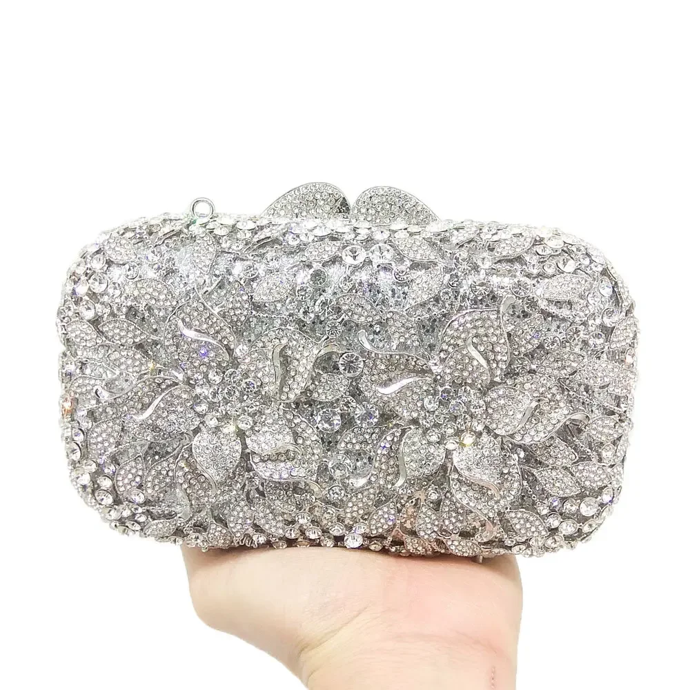 Women Evening Bag Silver Flower Crystal Clutch Evening Bags Wedding Party Minaudiere Handbag Purse