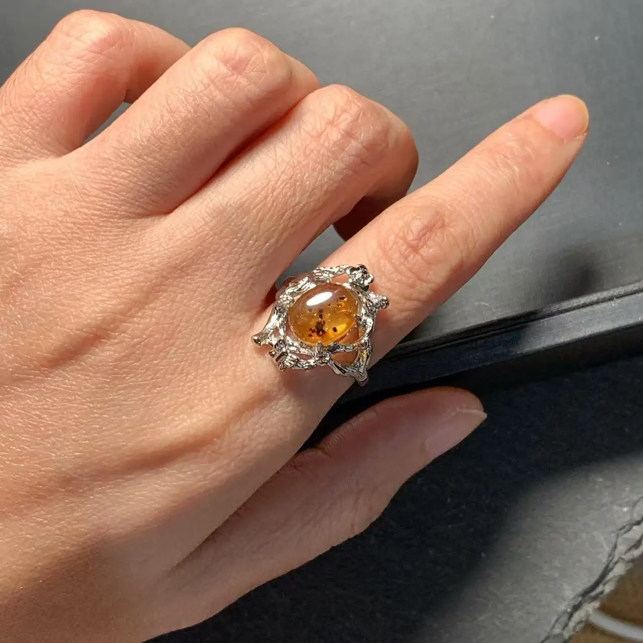 Natural Amber Ring Female Handmade Simple Three-Dimensional Accessories Gem Wholesale Jewelry Organic Gems