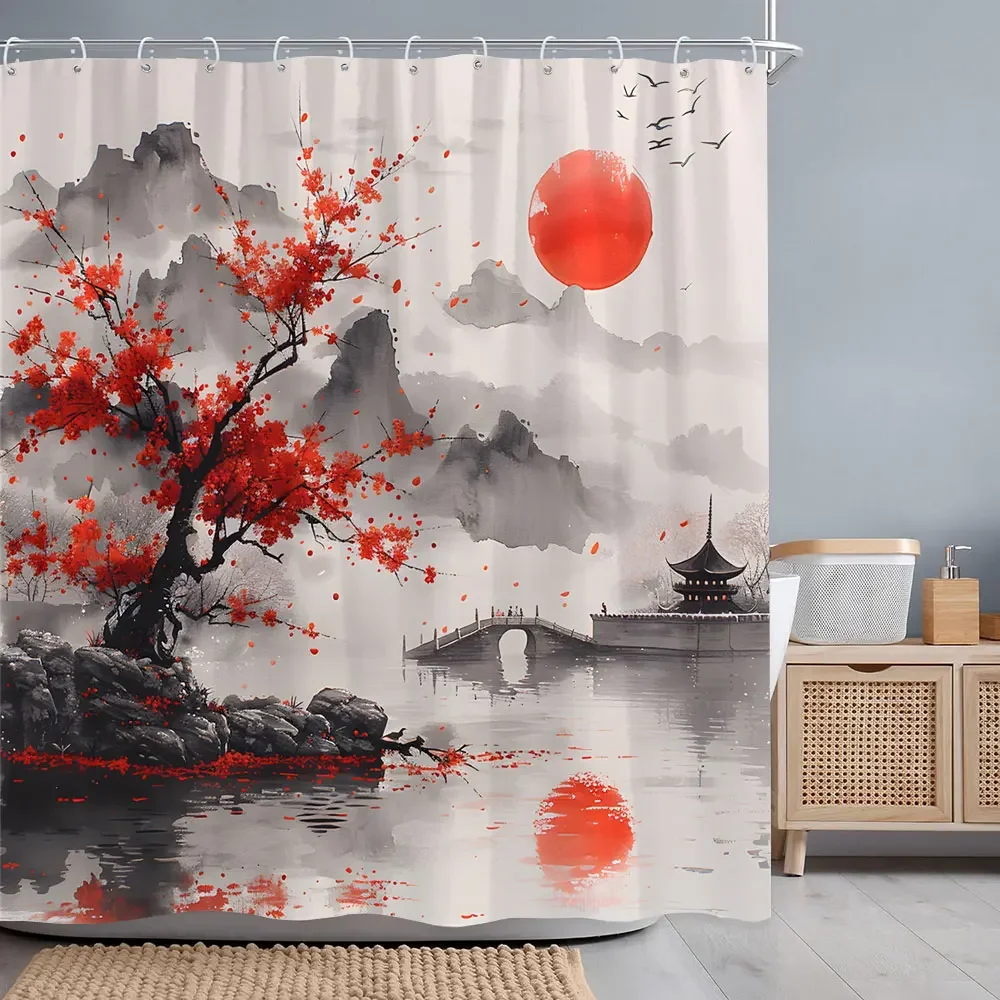 Japanese Red Cherry Blossom Seascape Shower Curtain Chinese Landscape Ink Painting Printed Fabric Shower Curtains Bathroom Decor 2