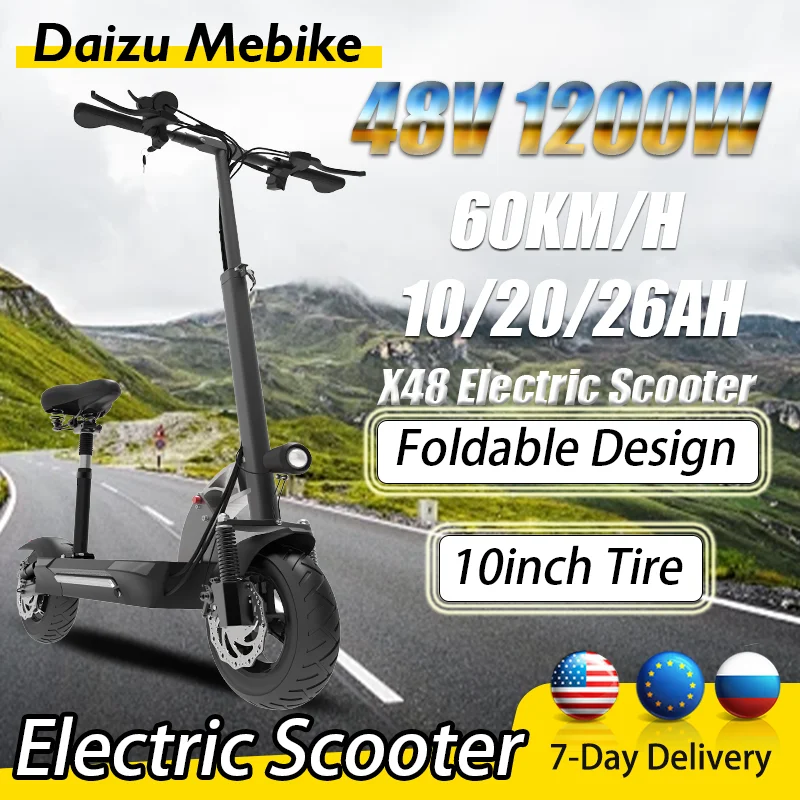 

Electric Scooter 48V 1200W 26AH Lithium Battery 10 inch Tires Scooter Electric 60km/h Brushless Motor Skateboards Foldable