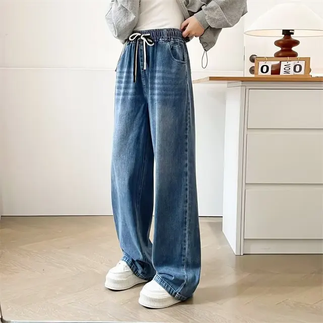 XXXXL Fashion Plus Size Women's Straight Jeans 2025 Autumn Casual Two Color Drawstring Waist Wide Leg Full Length Pants 774